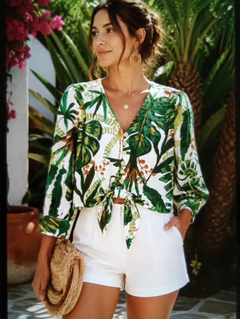 Joie Green and White Tropical Print Top Tie Front Linen Vacation Resort Womens S